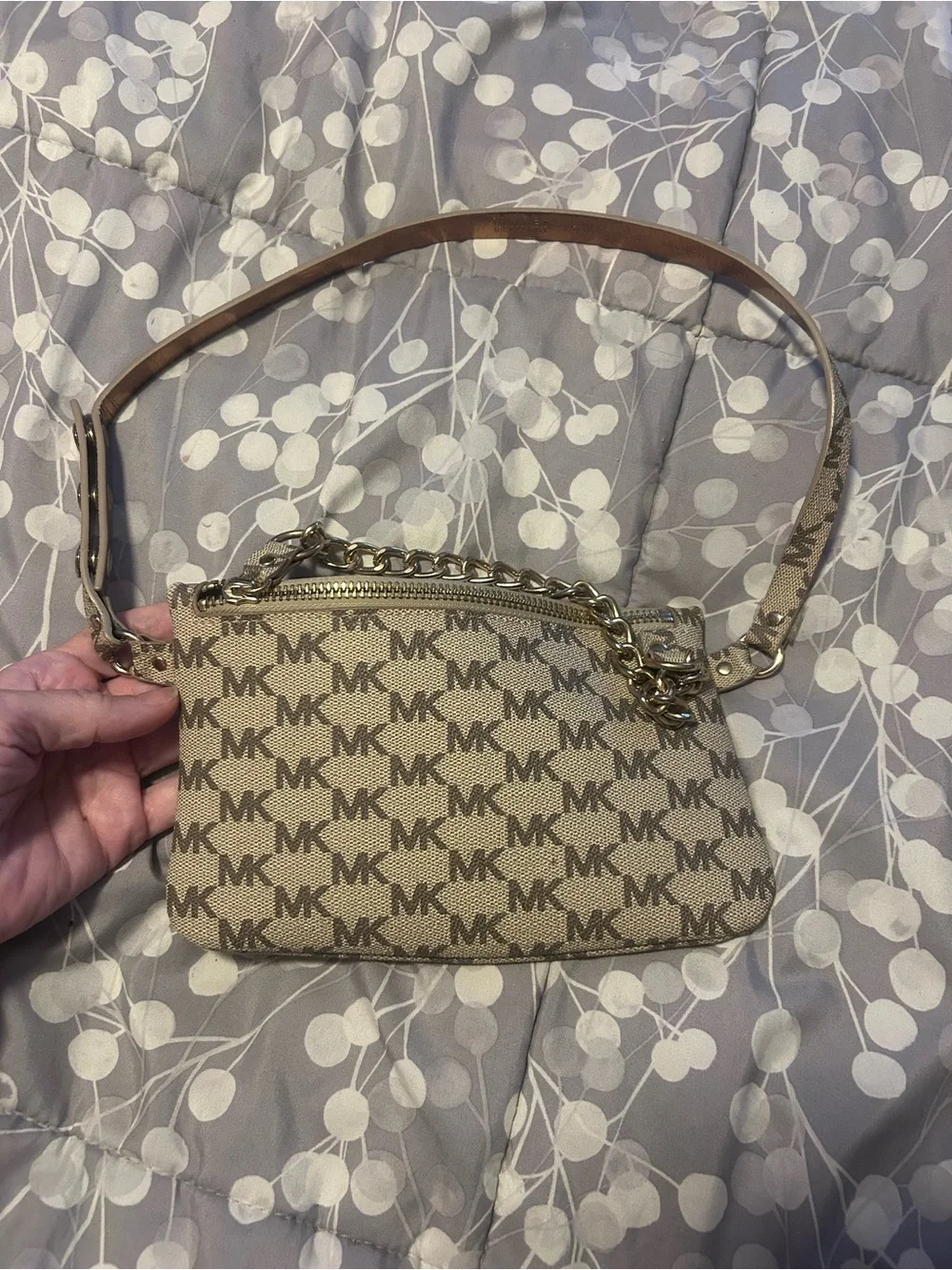 Michael Kors Tan Logo Mini Crossbody with Gold Chain